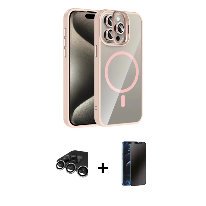MARSİLYAN™- iPhone 15 Pro Max Kılıf Yadigar Asil Koleksiyonu - Siyah 3D Antistatik Hayalet Cam Ekran Koruyucu + Raze Metal Kamera Lens - GS
