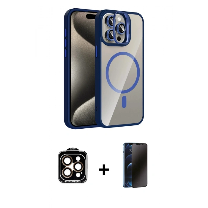MARSİLYAN™- iPhone 15 Pro Max Kılıf Yadigar Asil Koleksiyonu - Siyah 3D Antistatik Hayalet Cam Ekran Koruyucu + PVD Metal Kamera Lens - TU