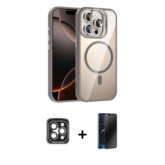 MARSİLYAN™- iPhone 15 Pro Max Kılıf Yadigar Asil Koleksiyonu - Siyah 3D Antistatik Hayalet Cam Ekran Koruyucu + PVD Metal Kamera Lens - GI