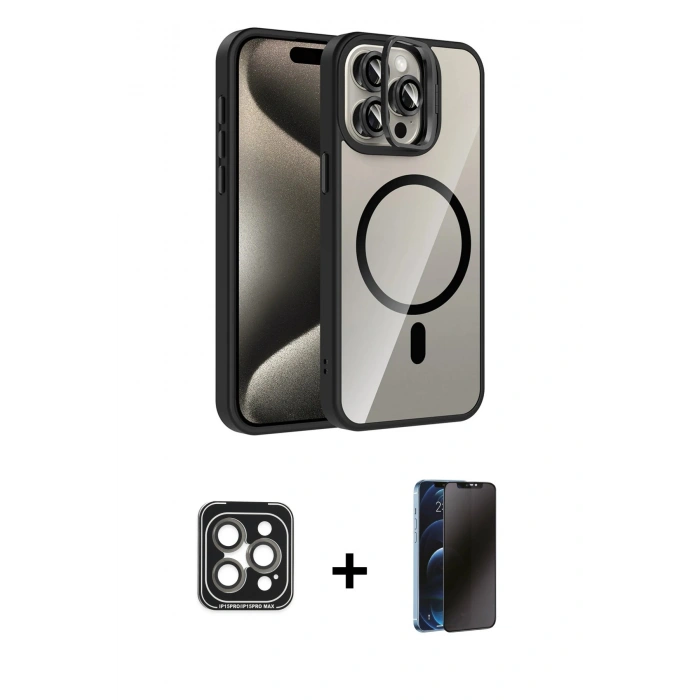 MARSİLYAN™- iPhone 15 Pro Max Kılıf Yadigar Asil Koleksiyonu - Siyah 3D Antistatik Hayalet Cam Ekran Koruyucu + Gri PVD Metal Kamera Lens