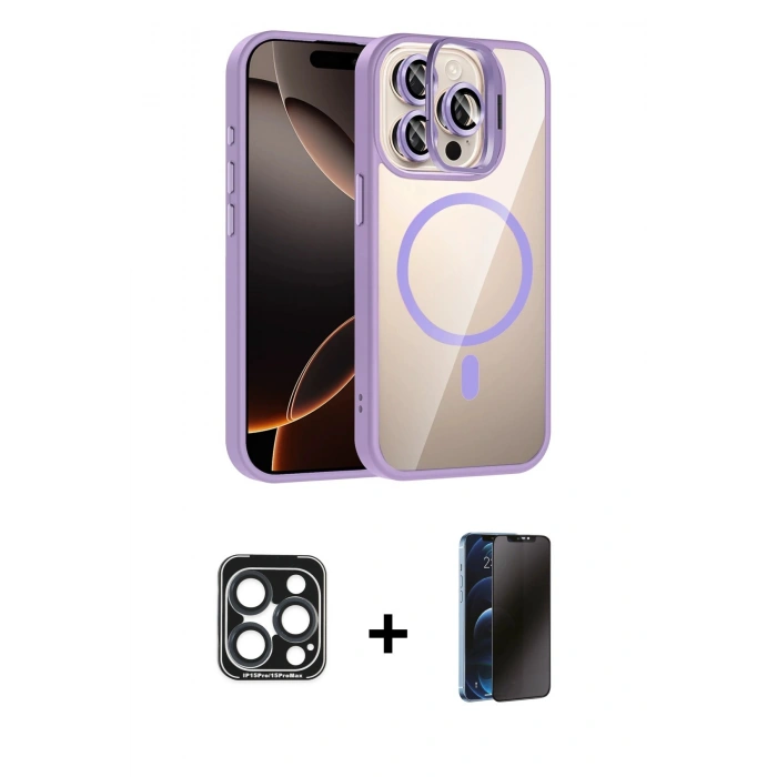 MARSİLYAN™- iPhone 15 Pro Max Kılıf Yadigar Asil Koleksiyonu - Siyah 3D Antistatik Hayalet Cam Ekran Koruyucu + PVD Metal Kamera Lens - LT
