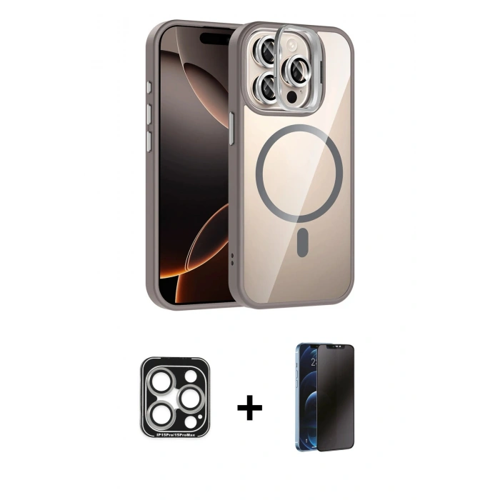 MARSİLYAN™- iPhone 15 Pro Max Kılıf Yadigar Asil Koleksiyonu - Siyah 3D Antistatik Hayalet Cam Ekran Koruyucu + PVD Metal Kamera Lens - GS