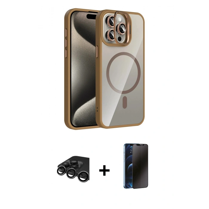MARSİLYAN™- iPhone 15 Pro Max Kılıf Yadigar Asil Koleksiyonu - Siyah 3D Antistatik Hayalet Cam Ekran Koruyucu + Raze Metal Kamera Lens - TMGI