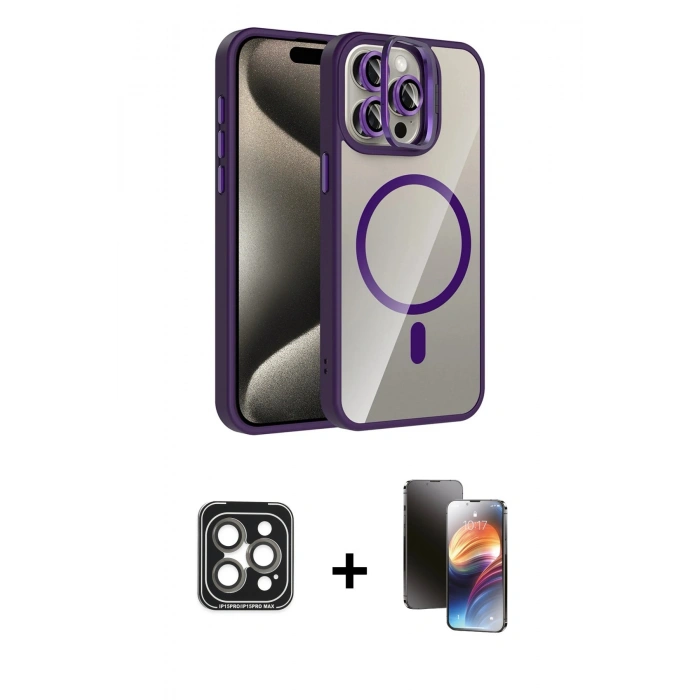 MARSİLYAN™- iPhone 15 Pro Max Kılıf Yadigar Asil Koleksiyonu - Siyah 3D Antistatik Mat Seramik Nano Ekran Koruyucu + PVD Metal Kamera Lens - GI