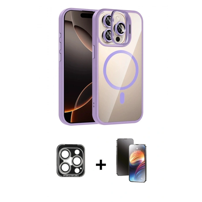 MARSİLYAN™- iPhone 15 Pro Max Kılıf Yadigar Asil Koleksiyonu - Siyah 3D Antistatik Mat Seramik Nano Ekran Koruyucu + PVD Metal Kamera Lens - GS