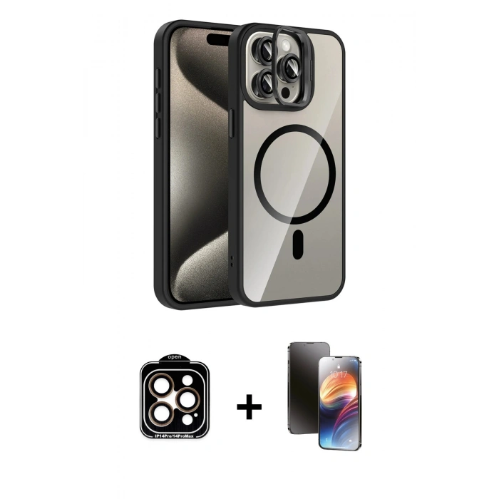 MARSİLYAN™- iPhone 15 Pro Max Kılıf Yadigar Asil Koleksiyonu - Siyah 3D Antistatik Mat Seramik Nano Ekran Koruyucu + PVD Metal Kamera Lens - TU