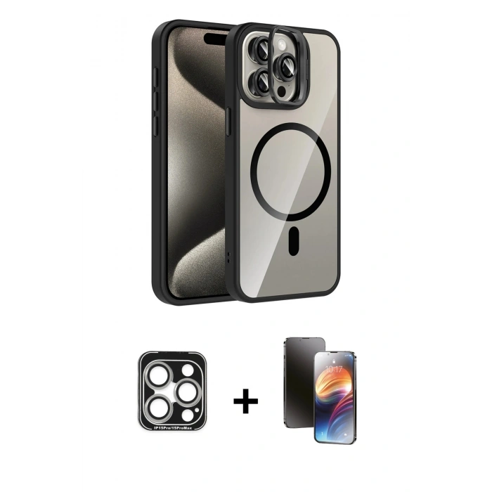 MARSİLYAN™- iPhone 15 Pro Max Kılıf Yadigar Asil Koleksiyonu - Siyah 3D Antistatik Mat Seramik Nano Ekran Koruyucu + PVD Metal Kamera Lens - GS