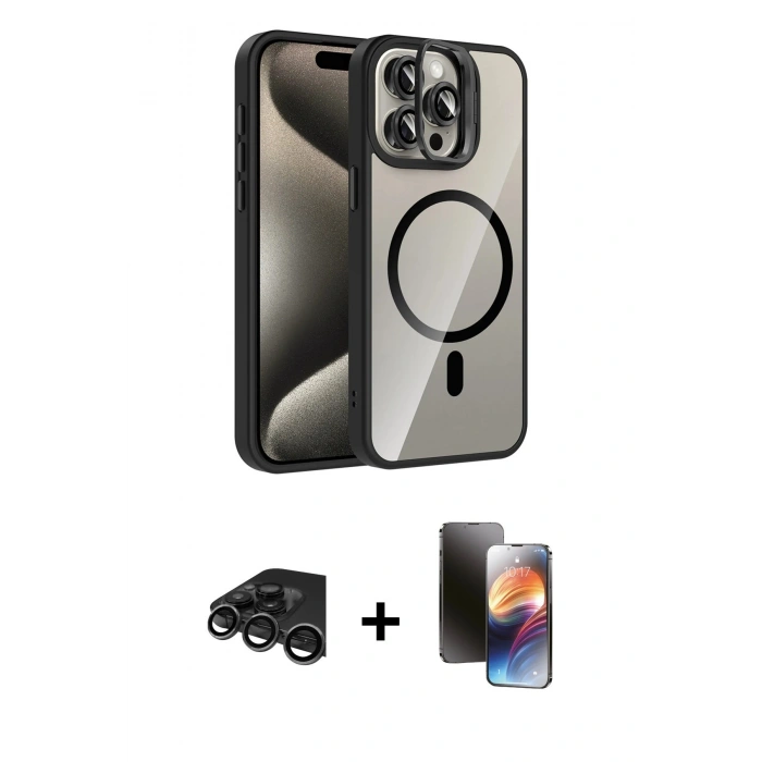 MARSİLYAN™- iPhone 15 Pro Max Kılıf Yadigar Asil Koleksiyonu - Siyah 3D Antistatik Mat Seramik Nano Ekran Koruyucu + Raze Metal Kamera Lens - TMGI