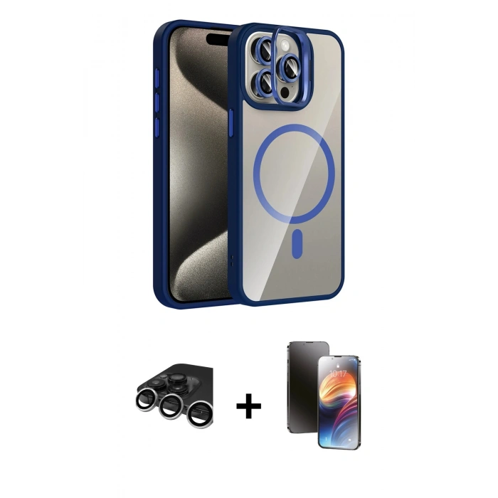 MARSİLYAN™- iPhone 15 Pro Max Kılıf Yadigar Asil Koleksiyonu - Siyah 3D Antistatik Mat Seramik Nano Ekran Koruyucu + Raze Metal Kamera Lens - GS