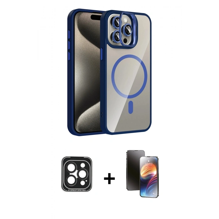 MARSİLYAN™- iPhone 15 Pro Max Kılıf Yadigar Asil Koleksiyonu - Siyah 3D Antistatik Mat Seramik Nano Ekran Koruyucu + PVD Metal Kamera Lens - SH