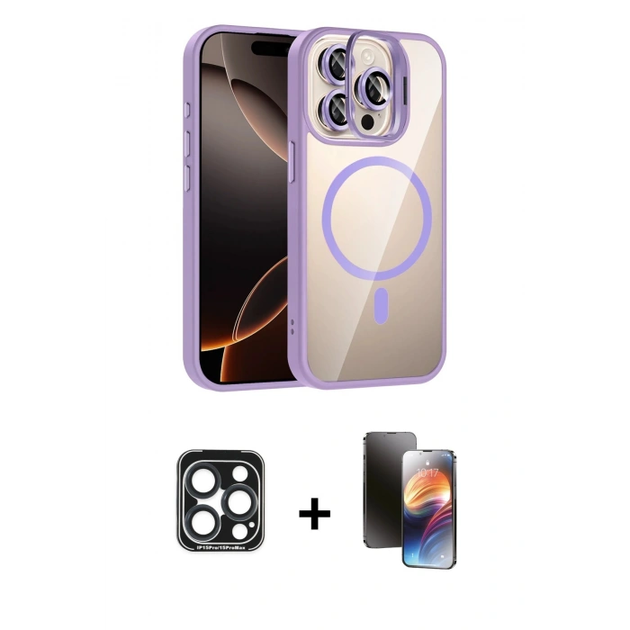 MARSİLYAN™- iPhone 15 Pro Max Kılıf Yadigar Asil Koleksiyonu - Siyah 3D Antistatik Mat Seramik Nano Ekran Koruyucu + PVD Metal Kamera Lens - LT