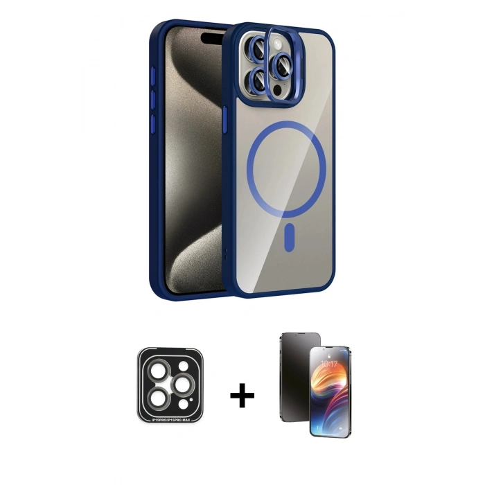 MARSİLYAN™- iPhone 15 Pro Max Kılıf Yadigar Asil Koleksiyonu - Siyah 3D Antistatik Mat Seramik Nano Ekran Koruyucu + PVD Metal Kamera Lens - GI