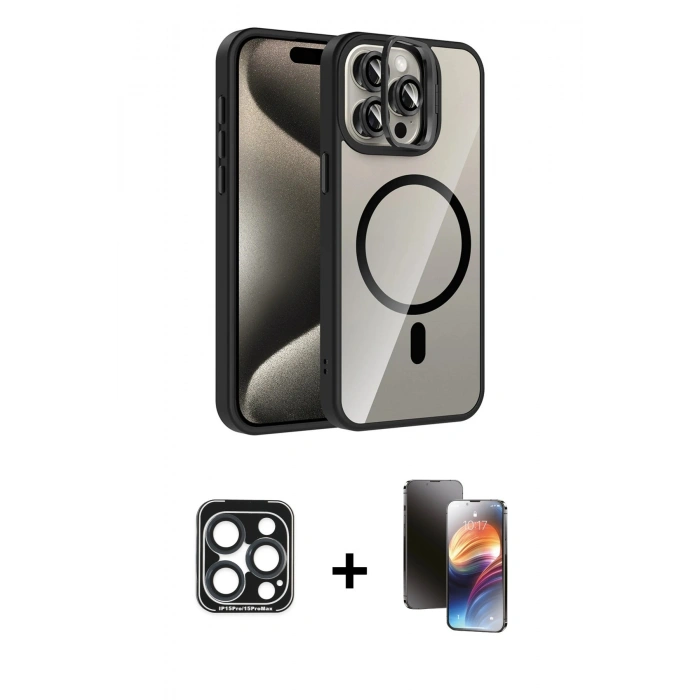 MARSİLYAN™- iPhone 15 Pro Max Kılıf Yadigar Asil Koleksiyonu - Siyah 3D Antistatik Mat Seramik Nano Ekran Koruyucu + PVD Metal Kamera Lens - LT