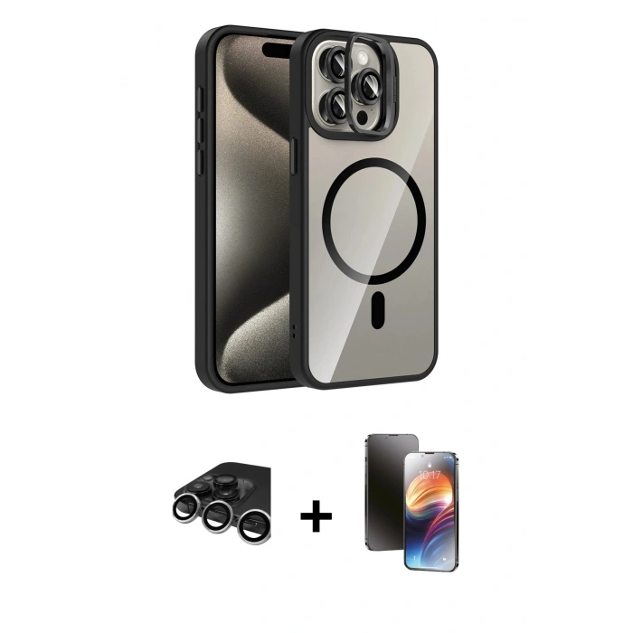 MARSİLYAN™- iPhone 15 Pro Max Kılıf Yadigar Asil Koleksiyonu - Siyah 3D Antistatik Mat Seramik Nano Ekran Koruyucu + Raze Metal Kamera Lens - GS
