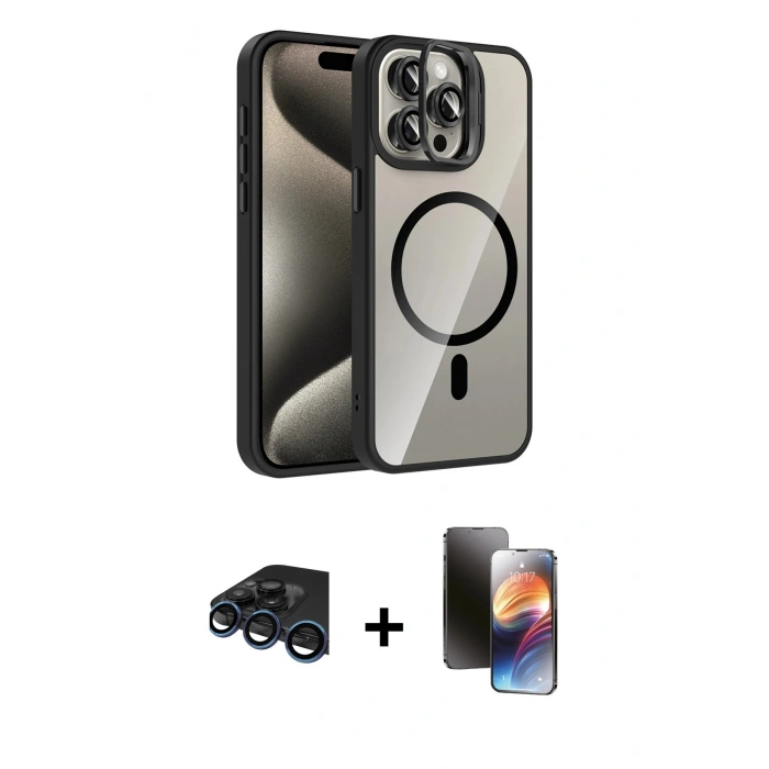 MARSİLYAN™- iPhone 15 Pro Max Kılıf Yadigar Asil Koleksiyonu - Siyah 3D Antistatik Mat Seramik Nano Ekran Koruyucu + Raze Metal Kamera Lens - LT