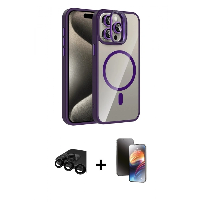 MARSİLYAN™- iPhone 15 Pro Max Kılıf Yadigar Asil Koleksiyonu - Siyah 3D Antistatik Mat Seramik Nano Ekran Koruyucu + Siyah Raze Metal Kamera Lens