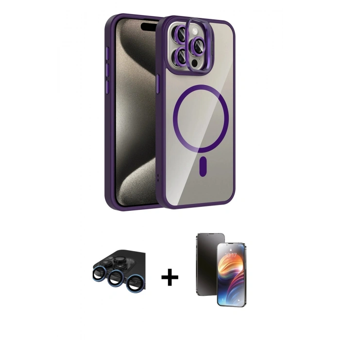 MARSİLYAN™- iPhone 15 Pro Max Kılıf Yadigar Asil Koleksiyonu - Siyah 3D Antistatik Mat Seramik Nano Ekran Koruyucu + Raze Metal Kamera Lens - LT