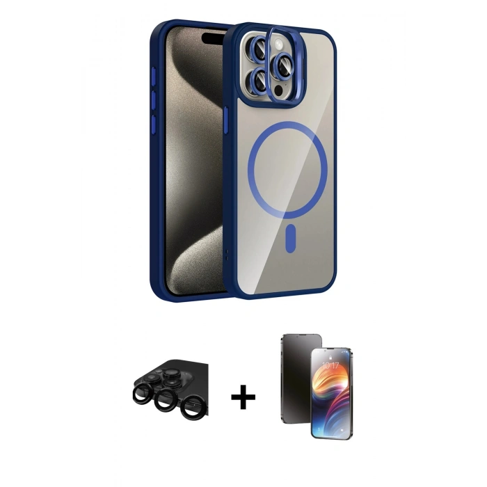 MARSİLYAN™- iPhone 15 Pro Max Kılıf Yadigar Asil Koleksiyonu - Siyah 3D Antistatik Mat Seramik Nano Ekran Koruyucu + Siyah Raze Metal Kamera Lens