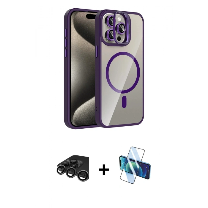 MARSİLYAN™- iPhone 15 Pro Max Kılıf Yadigar Asil Koleksiyonu - Siyah 3D Antistatik Seramik Nano Ekran Koruyucu + Raze Metal Kamera Lens - TMGI