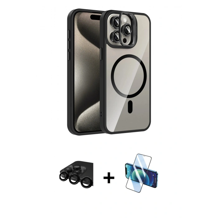 MARSİLYAN™- iPhone 15 Pro Max Kılıf Yadigar Asil Koleksiyonu - Siyah 3D Antistatik Seramik Nano Ekran Koruyucu + Raze Metal Kamera Lens - SH