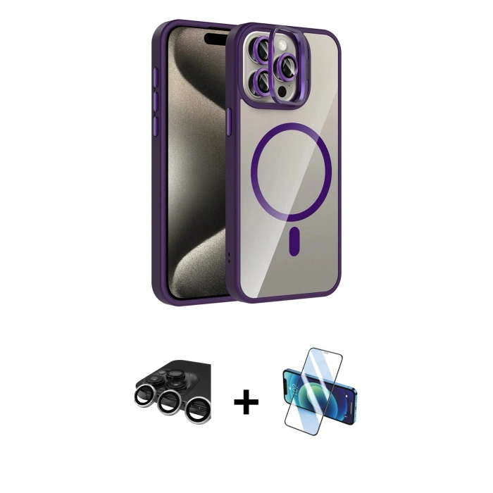 MARSİLYAN™- iPhone 15 Pro Max Kılıf Yadigar Asil Koleksiyonu - Siyah 3D Antistatik Seramik Nano Ekran Koruyucu + Raze Metal Kamera Lens - GS