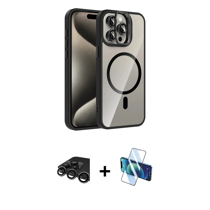 MARSİLYAN™- iPhone 15 Pro Max Kılıf Yadigar Asil Koleksiyonu - Siyah 3D Antistatik Seramik Nano Ekran Koruyucu + Raze Metal Kamera Lens - TMGI