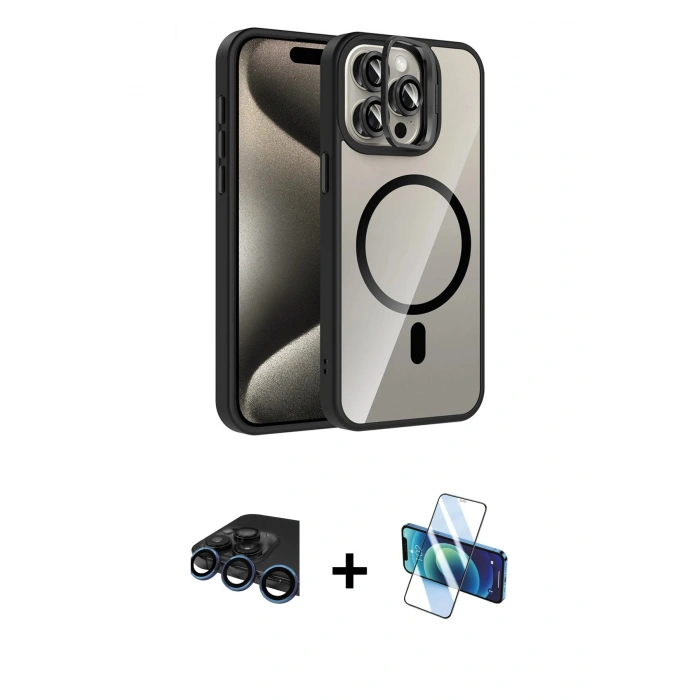 MARSİLYAN™- iPhone 15 Pro Max Kılıf Yadigar Asil Koleksiyonu - Siyah 3D Antistatik Seramik Nano Ekran Koruyucu + Raze Metal Kamera Lens - LT