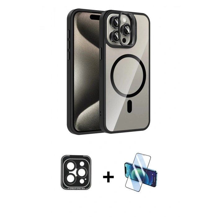 MARSİLYAN™- iPhone 15 Pro Max Kılıf Yadigar Asil Koleksiyonu - Siyah 3D Antistatik Seramik Nano Ekran Koruyucu + PVD Metal Kamera Lens - SH
