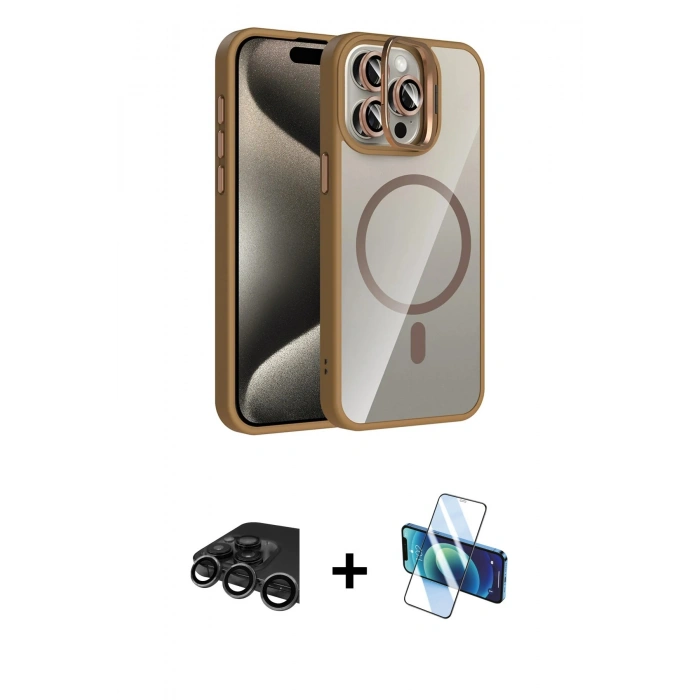 MARSİLYAN™- iPhone 15 Pro Max Kılıf Yadigar Asil Koleksiyonu - Siyah 3D Antistatik Seramik Nano Ekran Koruyucu + Raze Metal Kamera Lens - TMGI