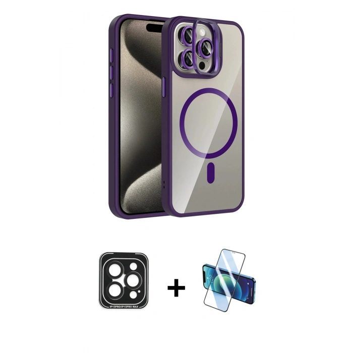 MARSİLYAN™- iPhone 15 Pro Max Kılıf Yadigar Asil Koleksiyonu - Siyah 3D Antistatik Seramik Nano Ekran Koruyucu + PVD Metal Kamera Lens - SH