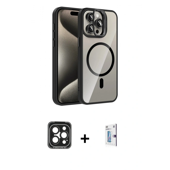 MARSİLYAN™- iPhone 15 Pro Max Kılıf Yadigar Asil Koleksiyonu - Siyah Bilvis 0.18mm Plus Cam Ekran Koruyucu + Siyah PVD Metal Kamera Lens