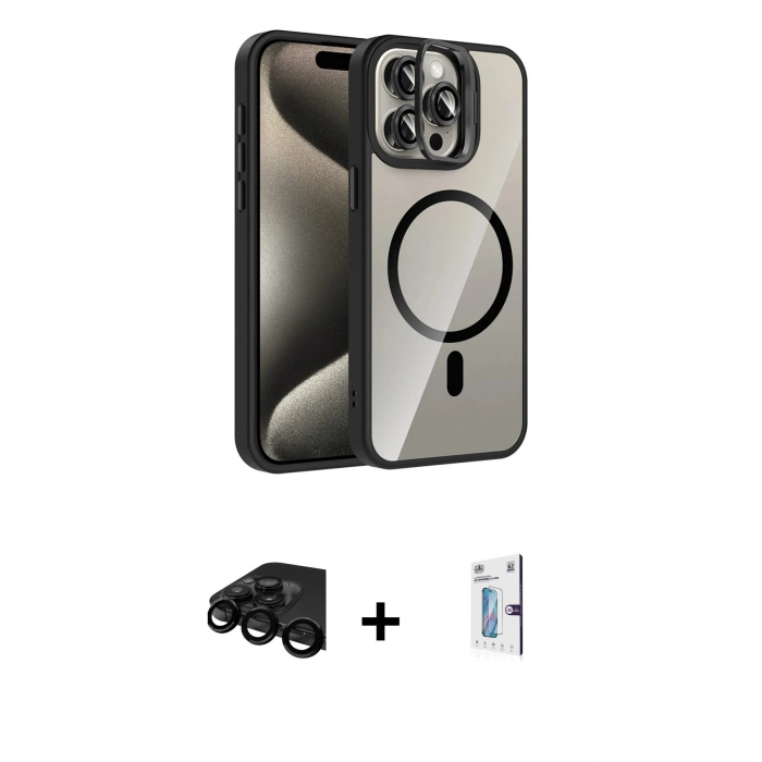 MARSİLYAN™- iPhone 15 Pro Max Kılıf Yadigar Asil Koleksiyonu - Siyah Bilvis 0.18mm Plus Cam Ekran Koruyucu + Siyah Raze Metal Kamera Lens