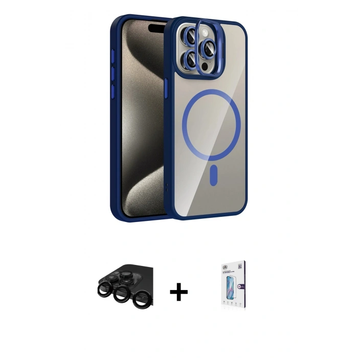 MARSİLYAN™- iPhone 15 Pro Max Kılıf Yadigar Asil Koleksiyonu - Siyah Bilvis 0.18mm Plus Cam Ekran Koruyucu + Siyah Raze Metal Kamera Lens