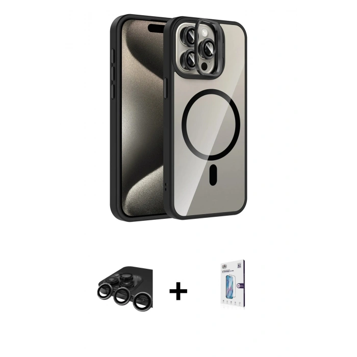 MARSİLYAN™- iPhone 15 Pro Max Kılıf Yadigar Asil Koleksiyonu - Siyah Bilvis 0.18mm Plus Cam Ekran Koruyucu + Raze Metal Kamera Lens - TMGI