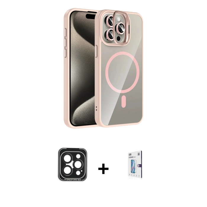 MARSİLYAN™- iPhone 15 Pro Max Kılıf Yadigar Asil Koleksiyonu - Siyah Bilvis 0.18mm Plus Cam Ekran Koruyucu + Siyah PVD Metal Kamera Lens