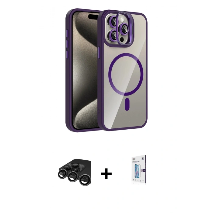MARSİLYAN™- iPhone 15 Pro Max Kılıf Yadigar Asil Koleksiyonu - Siyah Bilvis 0.18mm Plus Cam Ekran Koruyucu + Raze Metal Kamera Lens - TMGI