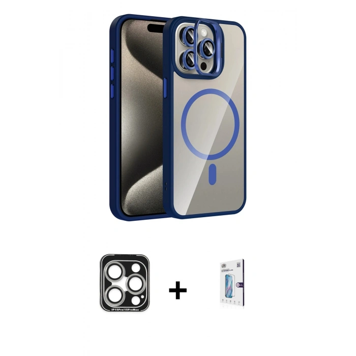 MARSİLYAN™- iPhone 15 Pro Max Kılıf Yadigar Asil Koleksiyonu - Siyah Bilvis 0.18mm Plus Cam Ekran Koruyucu + PVD Metal Kamera Lens - GS