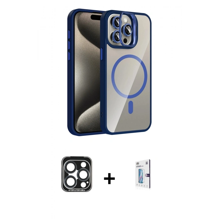 MARSİLYAN™- iPhone 15 Pro Max Kılıf Yadigar Asil Koleksiyonu - Siyah Bilvis 0.18mm Plus Cam Ekran Koruyucu + PVD Metal Kamera Lens - LT
