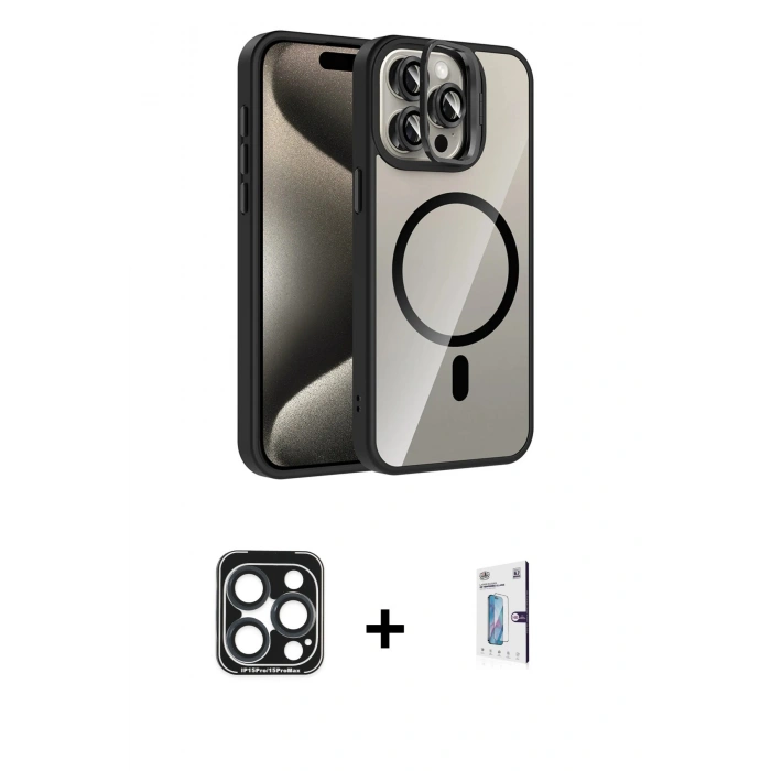 MARSİLYAN™- iPhone 15 Pro Max Kılıf Yadigar Asil Koleksiyonu - Siyah Bilvis 0.18mm Plus Cam Ekran Koruyucu + PVD Metal Kamera Lens - LT
