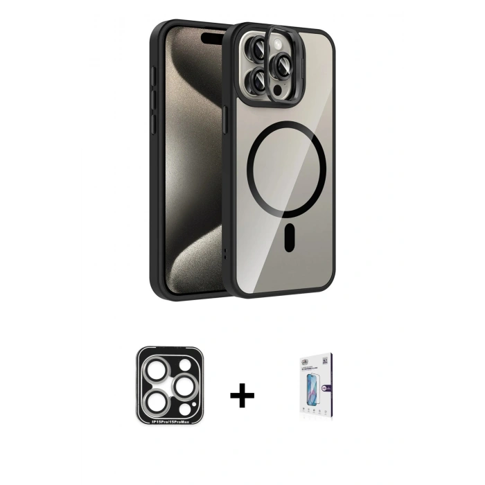 MARSİLYAN™- iPhone 15 Pro Max Kılıf Yadigar Asil Koleksiyonu - Siyah Bilvis 0.18mm Plus Cam Ekran Koruyucu + PVD Metal Kamera Lens - GS