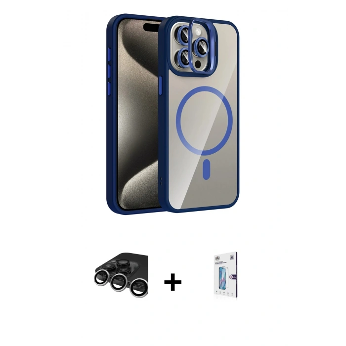 MARSİLYAN™- iPhone 15 Pro Max Kılıf Yadigar Asil Koleksiyonu - Siyah Bilvis 0.18mm Plus Cam Ekran Koruyucu + Raze Metal Kamera Lens - GS