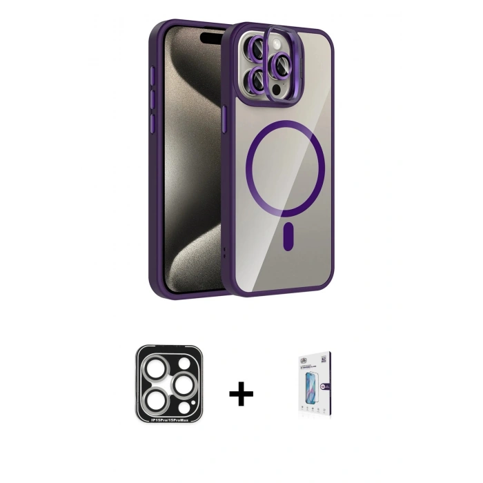 MARSİLYAN™- iPhone 15 Pro Max Kılıf Yadigar Asil Koleksiyonu - Siyah Bilvis 0.18mm Plus Cam Ekran Koruyucu + PVD Metal Kamera Lens - GS