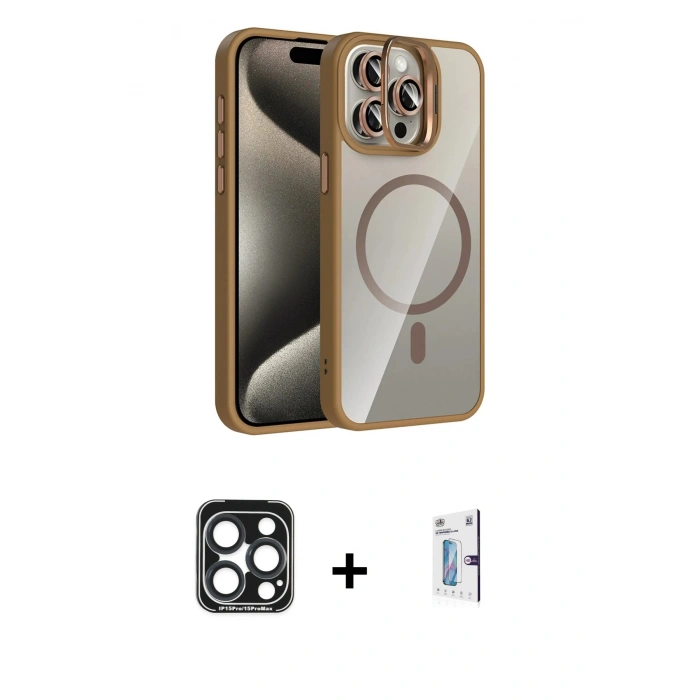 MARSİLYAN™- iPhone 15 Pro Max Kılıf Yadigar Asil Koleksiyonu - Siyah Bilvis 0.18mm Plus Cam Ekran Koruyucu + PVD Metal Kamera Lens - LT