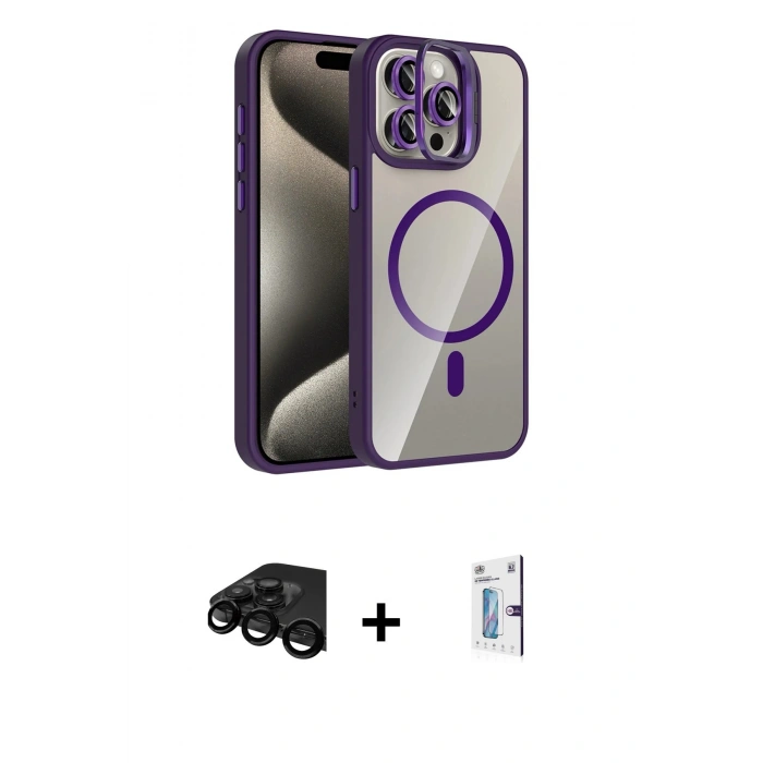 MARSİLYAN™- iPhone 15 Pro Max Kılıf Yadigar Asil Koleksiyonu - Siyah Bilvis 0.18mm Plus Cam Ekran Koruyucu + Siyah Raze Metal Kamera Lens