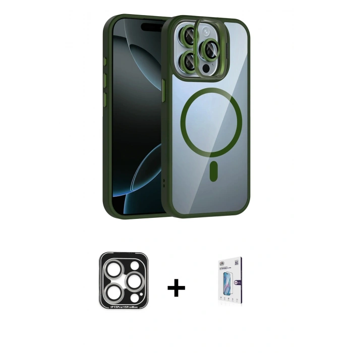 MARSİLYAN™- iPhone 15 Pro Max Kılıf Yadigar Asil Koleksiyonu - Siyah Bilvis 0.18mm Plus Cam Ekran Koruyucu + PVD Metal Kamera Lens - GS