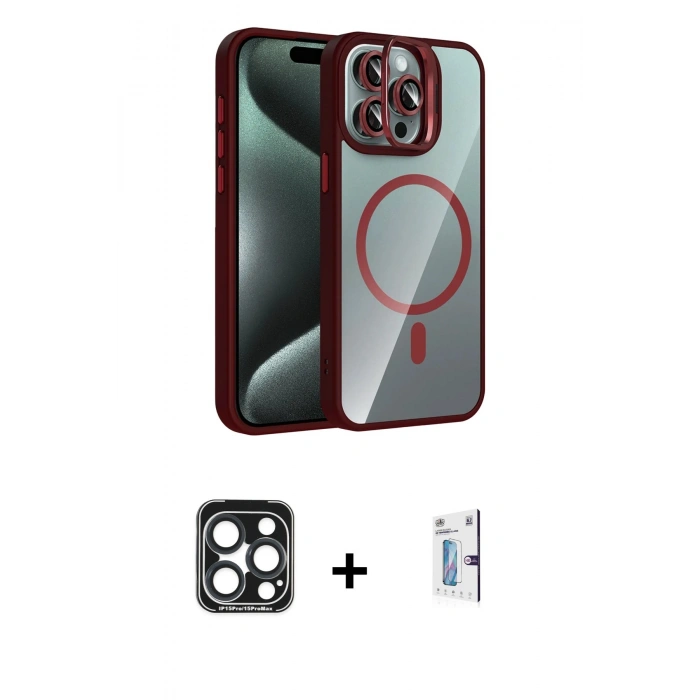 MARSİLYAN™- iPhone 15 Pro Max Kılıf Yadigar Asil Koleksiyonu - Siyah Bilvis 0.18mm Plus Cam Ekran Koruyucu + PVD Metal Kamera Lens - LT