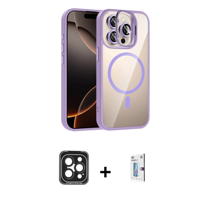 MARSİLYAN™- iPhone 15 Pro Max Kılıf Yadigar Asil Koleksiyonu - Siyah Bilvis 0.18mm Plus Cam Ekran Koruyucu + Siyah PVD Metal Kamera Lens