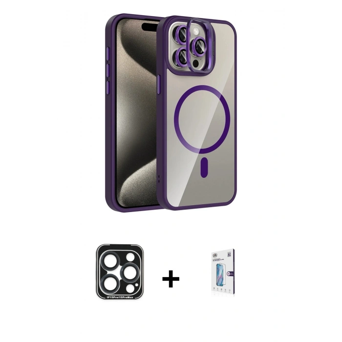 MARSİLYAN™- iPhone 15 Pro Max Kılıf Yadigar Asil Koleksiyonu - Siyah Bilvis 0.18mm Plus Cam Ekran Koruyucu + PVD Metal Kamera Lens - LT