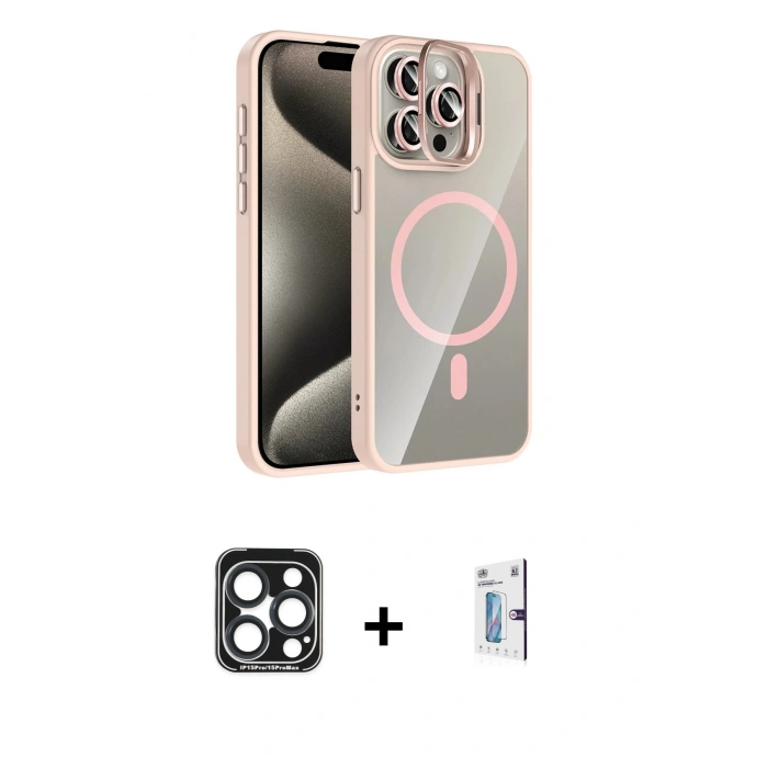 MARSİLYAN™- iPhone 15 Pro Max Kılıf Yadigar Asil Koleksiyonu - Siyah Bilvis 0.18mm Plus Cam Ekran Koruyucu + PVD Metal Kamera Lens - LT