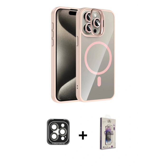 MARSİLYAN™- iPhone 15 Pro Max Kılıf Yadigar Asil Koleksiyonu - Siyah Bilvis 3D Cam Ekran Koruyucu + PVD Metal Kamera Lens - GI
